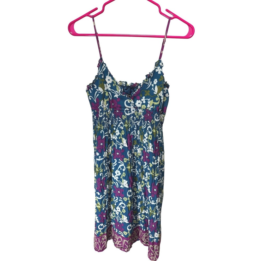 Banana Republic Floral Sun Dress Medium Blue Purple Smocked Boho Ruffle Y2K